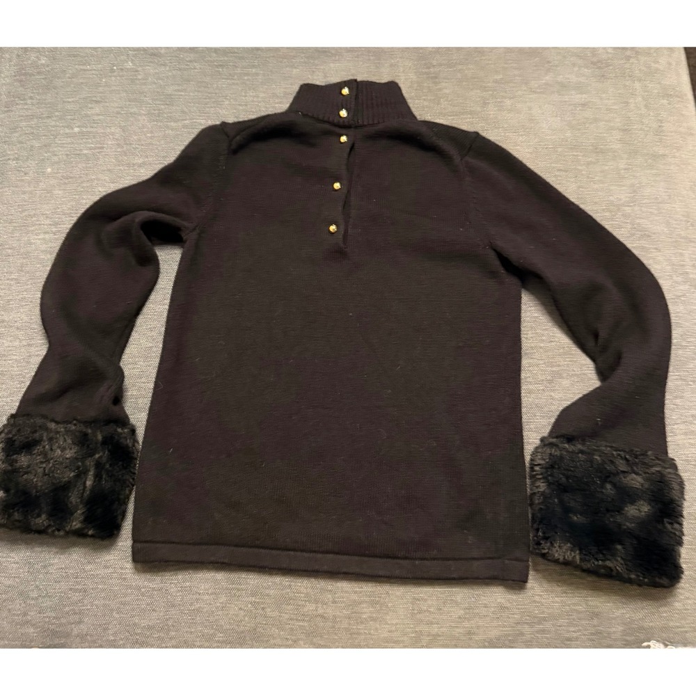Janie and Jack Girls Black Mock Neck Sweater Faux Fur Cuffs Gold Buttons Size 8